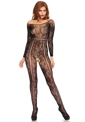 Leg Avenue Bodystocking-Ouvert Langarm Bodystocking - schwarz (1 St) aus elastischem Netz-Stoff
