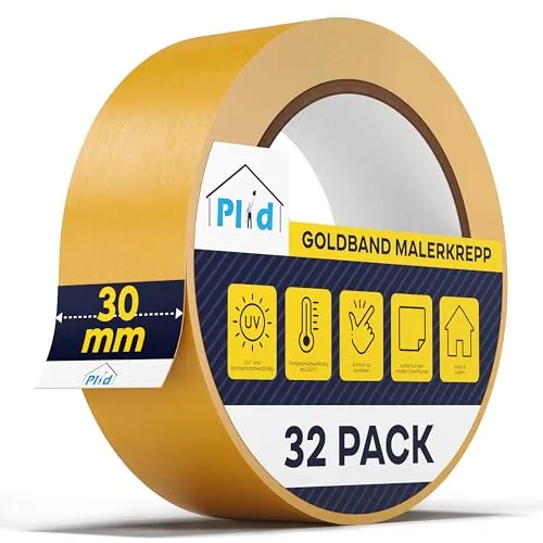 Plid® Goldband Malerkrepp [Wasserabweisend] - Malerklebeband Nassfest - Innen & Außen - Abklebeband Maler, verhindert Unterlaufen von Farben - Painters Tape - Klebeband Maler (30mm, 32 Rollen x 50m)