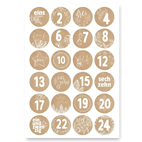 Adventskalender Aufkleber (Zahlen 1-24) - Sticker für Kalender zum selber basteln für Weihnachten - Adventskalenderzahlen Etiketten selbstklebend - Zahlenaufkleber - Nummern für Papiertüten - Rund