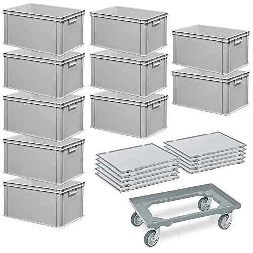 BRB-Lagertechnik Stapelbox Set mit 10 Euroboxen - Praktische Stapelboxen aus robustem Polypropylen, inklusive 10 Scharnierdeckeln und 1 Transportroller – ideal für effiziente Lagerung und Transport.