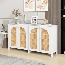 Sideboard Mdf Weiß Mit 4 Kunst-rattantüren, Metallgriffen, 4 Fächern Und Verstellbaren Einlegeböden