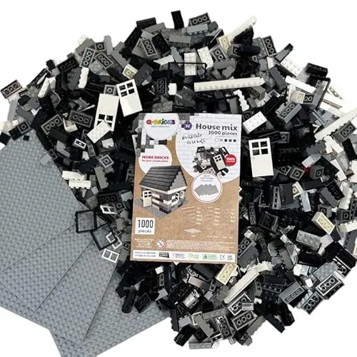 Q-Bricks Kreativ-Bauset mit klassischen Bausteinen | 1000-teiliges Set | 19 Formen umfassen Türen, Fenster, Dachsteine und Grundplatten | 8 Farben | Hausmischung in Schwarz-Weisser Farbkombination