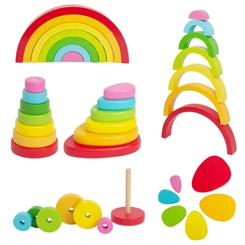 WOODENFUN Regenbogen Holz Spielzeug Bausteine, Montessori pädagogisches Spielzeug, Regenbogen Block Stapeln 3-teiliges Set Kleine Bausteine (Kleines Set)