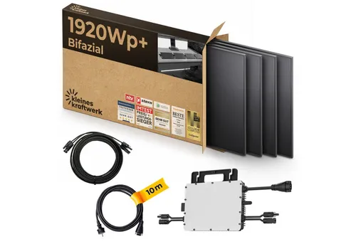 Kleines Kraftwerk 1920W Balkonkraftwerk mit Flachdach-Halterung - Starte deine persönliche Energiewende mit diesem kompakten Balkonkraftwerk. Inklusive 4 leistungsstarker bifazialer Solarmodule und einem 800W Wechselrichter für maximale Effizienz und einfache Handhabung!
