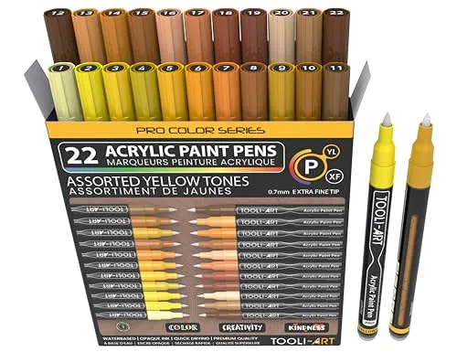 Produktbild acrylstifte für steine wasserfest, 22 Stück, gelb und braun, Marker der Pro Color Serie, 0,7 mm, extra feine Spitze, für Steinmalerei, Glas, Tassen, Holz, Metall, Leinwand, ungiftig schnelltrocknend
