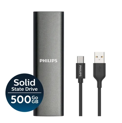 Philips Externe SSD 500GB Ultra Speed Grey - Externe Festplatte mit 500GB, blitzschnellen Übertragungsraten und kompakt im Design – ideal für schnelle Datensicherung und mobilen Einsatz.