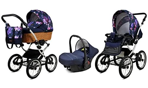 BabyLux Kinderwagen 3in1 mit Autositz für Kleinkinder – Kinderwagen für Neugeborene und Kleinkinder –– Baby Neugeborenen Kinderwagen – 59x105x125cm – Max 15kg – Royal Magnolia Silver Frame