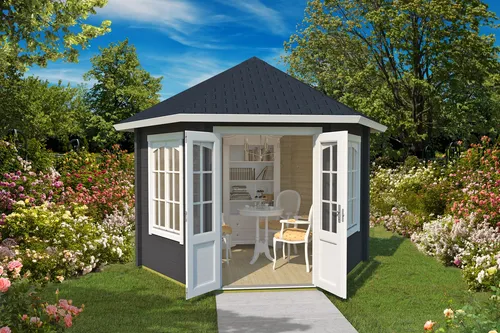 Pavillon Walmdach 44 mm Rivera grau 350x350 cm - Gartenpavillon mit 7,5 m² Nutzfläche, stabiler Holzbauweise und abschließbaren Doppeltüren für Sicherheit und Komfort.