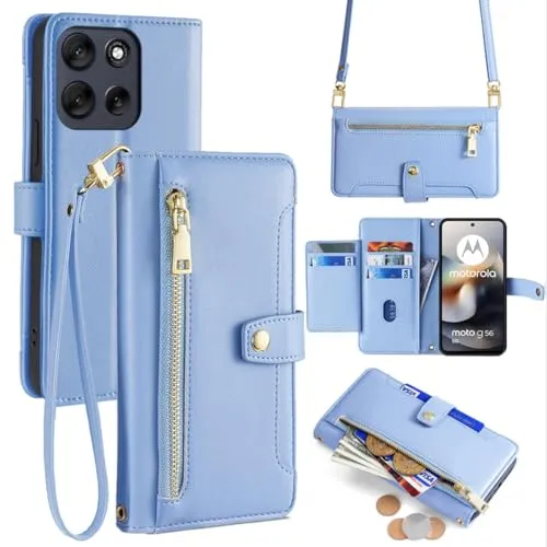 betterfon Handykette kompatibel mit Motorola Moto G56 | Leder Handyhülle mit Kartenfächern | Handyhülle zum Umhängen | Hellblau