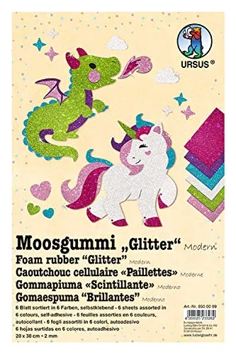 Ursus 8500099 - Moosgummi Glitter Modern, 6 Blatt in 6 verschiedenen Farben, ca. 20 x 30 cm, 2 mm stark, selbstklebend, lichtbeständig, wasserfest, flexibel und knickfest, vielseitig verwendbar