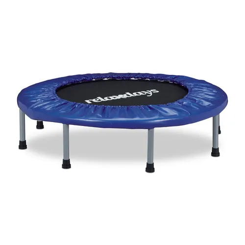 relaxdays Fitnesstrampolin Indoor Trampolin Ø 95 cm, blau - Hol Dir Dein effektives Ganzkörper-Workout nach Hause! Das kompakte Indoor-Trampolin fördert Ausdauer und Koordination und passt ideal in kleine Wohnungen. Mit klappbarem Rahmen und rutschfesten Füßen für sicheren Stand.