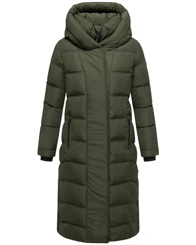 Navahoo Damen Langer Wintermantel warmer Steppmantel mit innenliegenden Rucksackträgern und Magnet-Knöpfen Engelsfeder XIV Dark Olive Gr. L