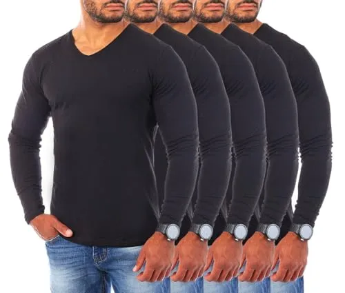 Young&Rich Herren Uni Longsleeve v-Neck Basic Tee Langarm Shirt einfarbig V-Ausschnitt Slimfit mit Stretchanteilen 2001, Grösse:M, Farbe:Schwarz - 5 Stück