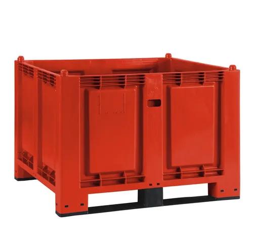 Robuste Palettenbox mit 2 Kufen, 1200x800x850 mm, rot - Palettenbox für Euro-Palette, extrem belastbar mit 500 kg Tragkraft. Ideal für Lagerung und Transport, bis zu 5-fach stapelbar und leicht mit Staplern zu handhaben.