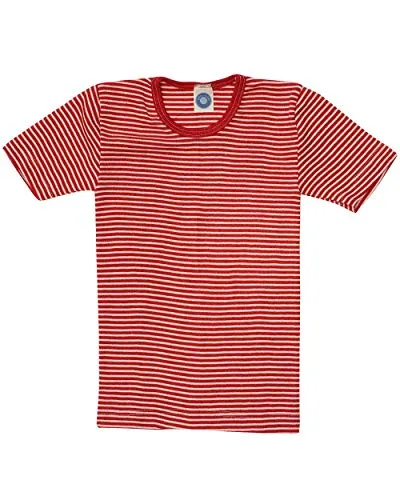 Cosilana, Kinder Unterhemd/T-Shirt, 70% Wolle und 30% Seide (92, Geringelt Rot/Natur)