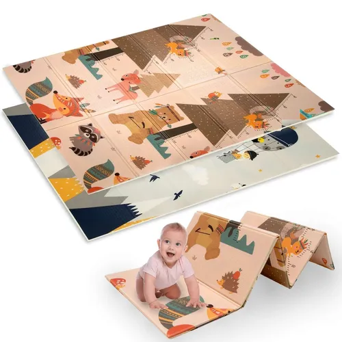 HUMBI Spielmatte Baby, XPE Schaumstoff,Doppelseitig,120x180, Berge Tiere