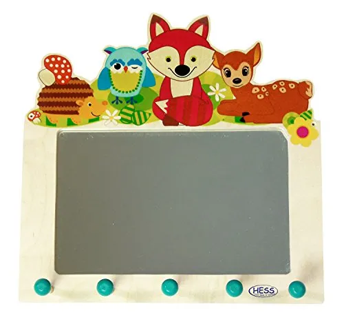 Hess Holzspielzeug 30501 Garderobe aus Holz, Motiv Waldtiere, mit Wandspiegel und Haken, für Kinder, ca. 37 x 35 x 8 cm, handgefertigt, als Blickfang in jedem Kinderzimmer und Flur mehrfarbig