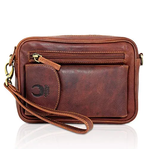 Corno d´Oro Handgelenktasche - Handmade Umhängetasche aus echtem Leder - Handtaschen aus 100% Rindsleder, im Vintage-Stil, ideal für Mini Tablets bis 8 Zoll, mit abnehmbarem Schultergurt und praktischem Reißverschlussfach.