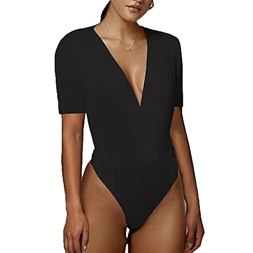 TTPSRY Body Damen Kurzarm Vausschnitt Bodysuit Elegant Tiefer Ausschnitt Bodys für Frauen Oberteil Figurbetont Blusenbody Kurzarmbody Einteiler Formgebend