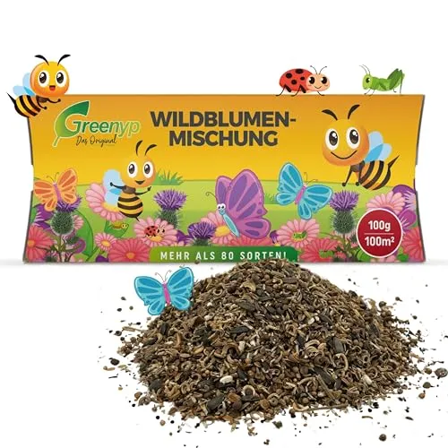 Greenyp Wildblumenmischung I für bis zu 100m² I 100g I Wildblumensamen - insektenfreundliche Blumenmischung für Bienen I Saatgut für eine bunte Wilde Weide I Blumensamen Mischung ein- und mehrjährig