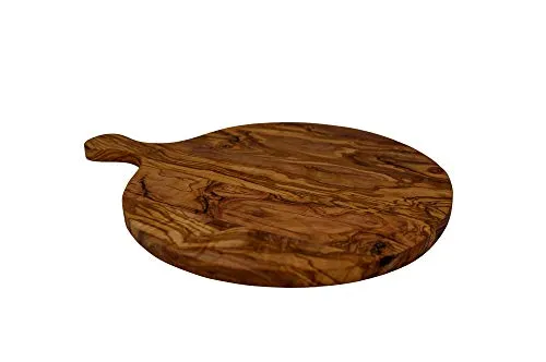 Rustikales Olivenholz Pizzabrett Rund mit Griff – 30 cm - Praktisches Pizzabrett aus hochwertigem Olivenholz, ideal für den einfachen Transport und das Schneiden von Pizzen. Handgefertigt und robust für den täglichen Einsatz in der Küche.