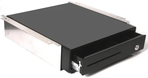 SLIM Kassenlade iQCash330SL-Un RJ-11 mit Untertischhalterung - Kassenlade in robuster Ganzstahlkonstruktion mit 4 verstellbaren Geldscheinfächern und 8 Münzfächern. Ideal für platzsparende Montage unter dem Tisch, sorgt für Ordnung und Sicherheit im Kassenbereich.