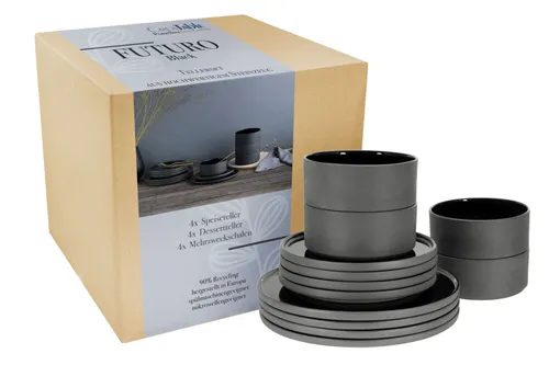 CreaTable 21538 Serie Futuro 12-teiliges Geschirrset - Tellerset aus hochwertigem Steinzeug in elegantem Schwarz, ideal für alle Anlässe. Perfekt für stilvolle Tischdekoration und langlebig im Gebrauch.
