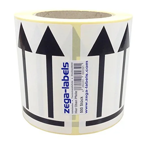 Warnetiketten auf Rolle - Hier oben Pfeile Abbildung zur Packstückorientierung Oben - 500 Stück je Rolle - 70 x 100 mm - Versandaufkleber stark haftend aus Papier selbstklebend