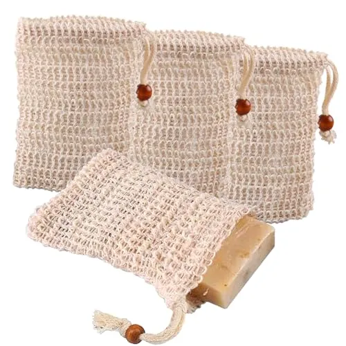 Stück SeifensäCkchen, Sisal Seifenbeutel,BadezubehöR,Baumwolle Haarseife,Naturprodukt Beige Seifen SäCkchen,Soap Seifennetz Bag,Mesh Kordelzug Massage Seifensack,Einfach für Die Reise,Duschen 4