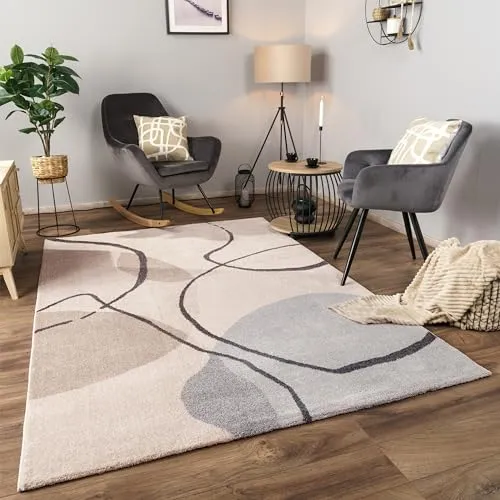 Paco Home Teppich 80x150 cm - Abstraktes Muster in Creme - Moderner Kurzflor Teppich für Wohnzimmer und Schlafzimmer, pflegeleicht und robust, ideal für Fußbodenheizungen bis 24 Grad.