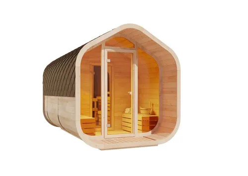 FinnTherm Fasssauna ScandiCube Wave Deluxe, BxTxH: 233,8 x 405,6 x 248,8 cm, 42 mm, in Beige - Thermoholz