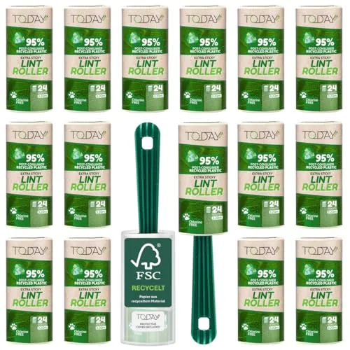 Today Eco - Fusselrolle 16 Rollen + Deckel + 2 Abroller 95% recyceltes Material - Fusselrolle Tierhaare Easy-Peel - Geeignet für Haare, Staub, Kleidung, Tierhare