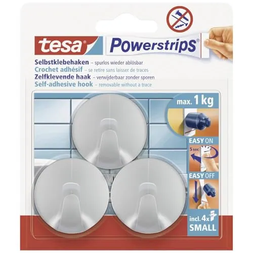 tesa Powerstrips Haken Small RUND - Selbstklebender Wandhaken für Glas, Kacheln, Holz, Kunststoff und andere Untergründe - Matt-Chrom