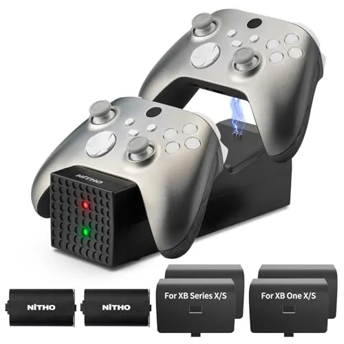 Nitho Ladestation mit 2 Wiederaufladbaren Akkus für Xbox One/Series X|S/Elite Controller, Xbox Controller Schnelllade Ladegerät mit 2 x 3000mWh Akkus, LED-Ladeanzeige