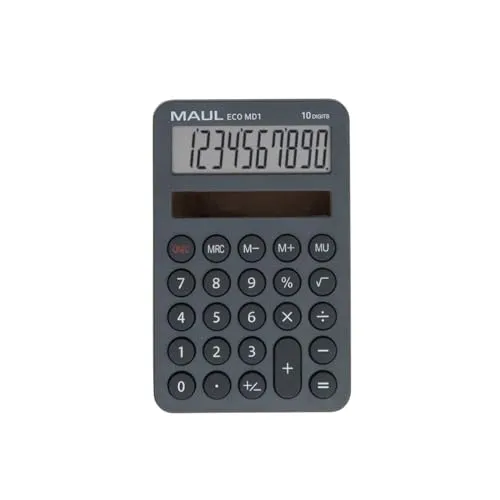 MAUL Solar Taschenrechner Eco MD 1 | 10 Stellen, 5 Funktionen | 60% Recycelter Kunststoff | Für Büro, Schule | Blauer Engel/uz116 | Grau