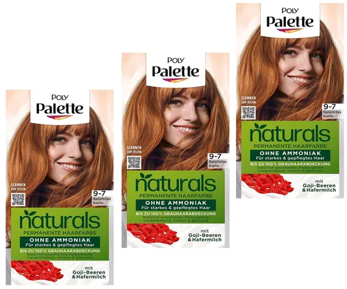 3x Poly Palette Naturals Permanente Haarfarbe 9-7 Natürliches Kupfer 115ml