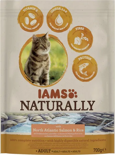 IAMS Naturally Katze Lachs - Trockenfutter für Erwachsene Katzen, 100% vollwertig mit Nordatlantischem Lachs und Reis, stärkt Abwehrkräfte und sorgt für gesundes Fell