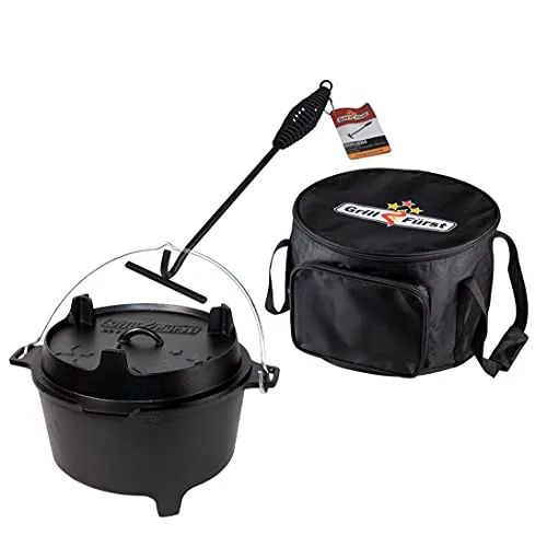Grillfürst Dutch Oven Set BBQ Edition DO 9 - Dutch Oven aus Gusseisen mit 8,5 Liter Fassungsvermögen, inkl. Deckelheber und Aufbewahrungstasche. Neuartige T-förmige Standfüße sorgen für sicheren Halt auf dem Grill.
