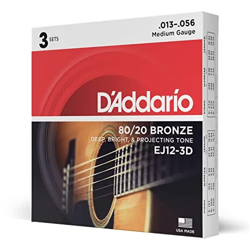 D'Addario EJ12-3D 80/20 Bronze Akustikgitarrensaiten, Medium, 13-56, 3 Sets