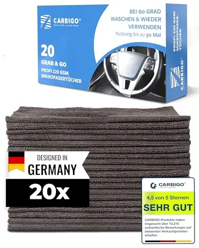 Carbigo Box mit 20x Profi Mikrofasertücher Saugstarke Auto Reinigungstücher Dank weicher Mikrofaser Praktische Microfasertücher für und Haushalt 25x25cm Blau