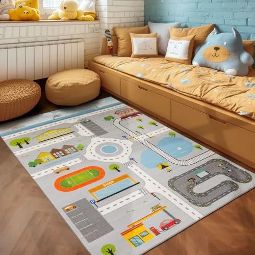SIMPEX KinderTeppich, Straßenteppich, Grau, 80 x 120 cm, Läufer für Kinderzimmer
