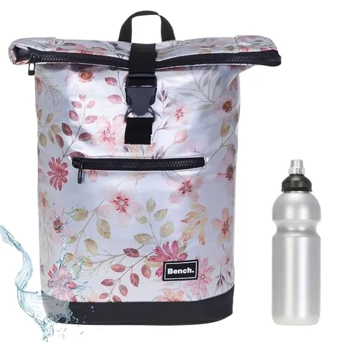 Sieber Rucksack Kurierrucksack Bench Hydro Plane Roll-Top backpack Laptoprucksack A4 wetterfest Damen Herren 64175 + Trinkflasche (Flower Silber Metallic 3521)