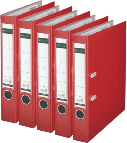 Leitz 10155025 Qualitäts-Ordner Rot (A4, 5,2 cm) | 5er Pack - Hochwertiger Slim-Ordner mit patentierter 180°-Mechanik für müheloses Abheften. Robuste PP-Folie und FSC-zertifizierter Graukarton garantieren Langlebigkeit. Ideal für bis zu 350 Blatt.
