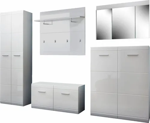 GERMANIA Garderoben-Set Adana, 5-teilig in Weiß Hochglanz - Drohnen-Garderobe im modernen Design, inklusive Paneel, Schuhbank, Schuhschrank, Garderobenschrank und Spiegel. Ideal für einen stilvollen Eingangsbereich.