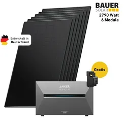 Balkonkraftwerk 2790 Watt Komplettset mit Anker SOLIX Solarbank 3 E2700 Pro - Effizientes Balkonkraftwerk mit sechs bifazialen Solarmodulen (2790 W) und 2,7 kWh Speicherkapazität. Ideal für die Nutzung erneuerbarer Energien auf Balkon oder Terrasse.