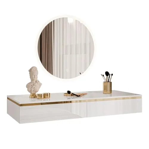 lukmebel Aurora Elite Schminktisch mit Spiegel - Eleganter Schminktisch in Glanz Weiß und Gold, mit praktischen Schubladen und LED-beleuchtetem Spiegel für perfektes Make-up und stilvolle Aufbewahrung.