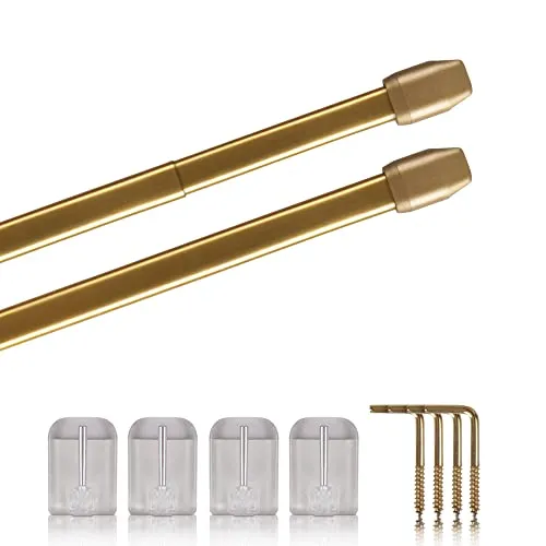 Vitragestangen 2er Pack ausziehbar, 2 Gardinenstangen mit Selbstklebehaken - Befestigung ohne Bohren (Farbe: messing glänzend, Größe: 80-120cm)