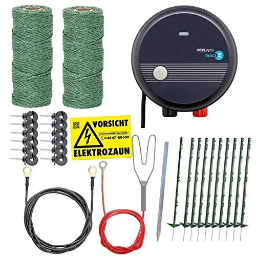 VOSS.farming Hundezaun Komplettset 100m Elektrozaun, ideal für Einzäunungen in Ihrem Garten, mit umfangreichem Zubehör, anschlussfertig mit 300m Weidezaunlitze grün, 20 grüne Pfähle 105cm