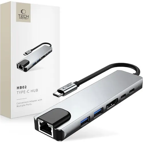 Tech-Protect HB02 HUB Adapter 6in1 USB-C + USB2.0 + USB3.0 + HDMI 4K 30Hz + RJ45 + PD100W - gray (USB-C, 6 Ports) (27297-0)