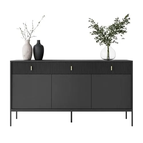 Lookway Kommode Midnight 3D3S mit DREI Schubladen und Regalfächern Schwarzes Metallgestell und Goldfarbene Dekorgriffe Breite 154,5 cm Modernes Wohnzimmermöbel (Schwarz)